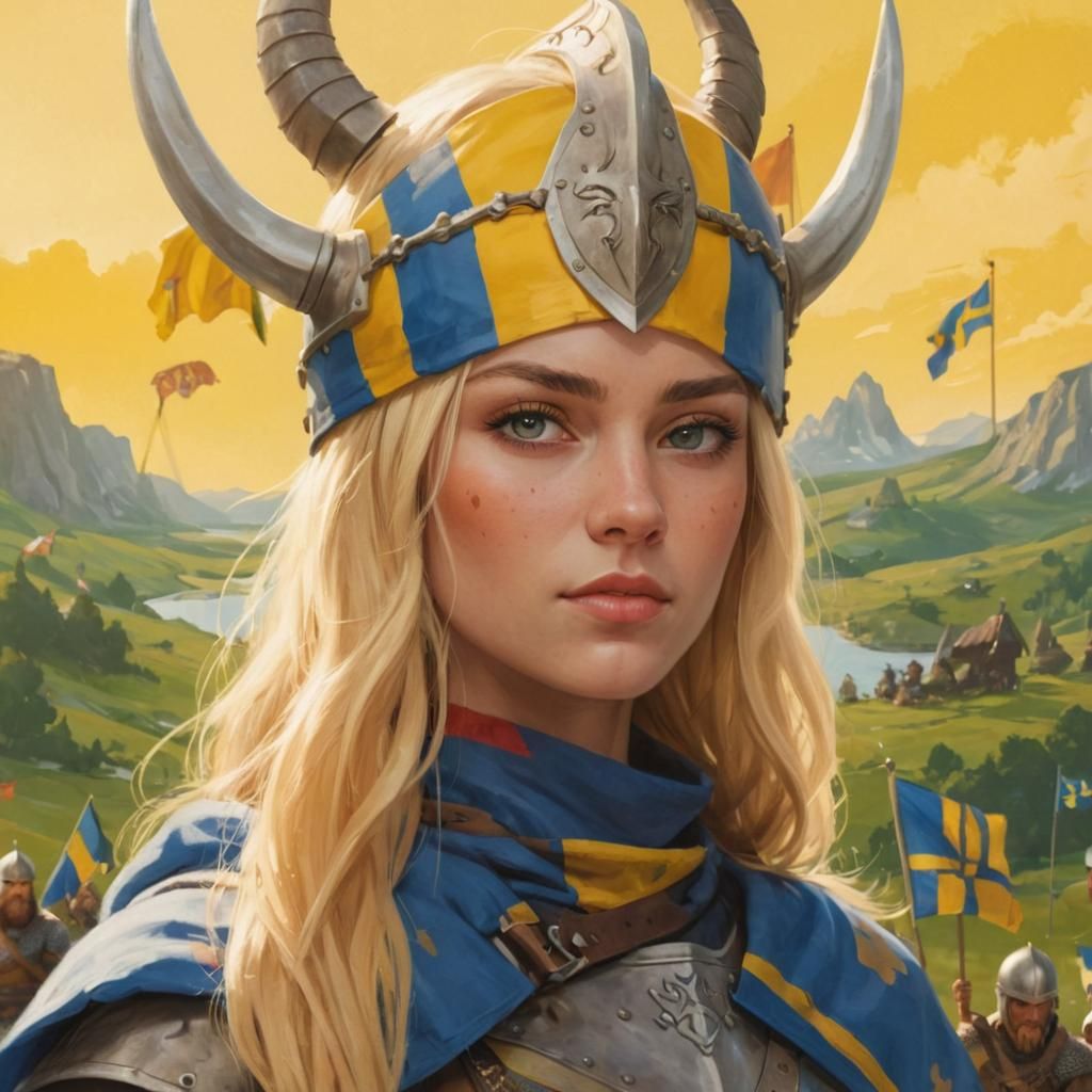 Cartoon Viking Woman with Swedish Flags