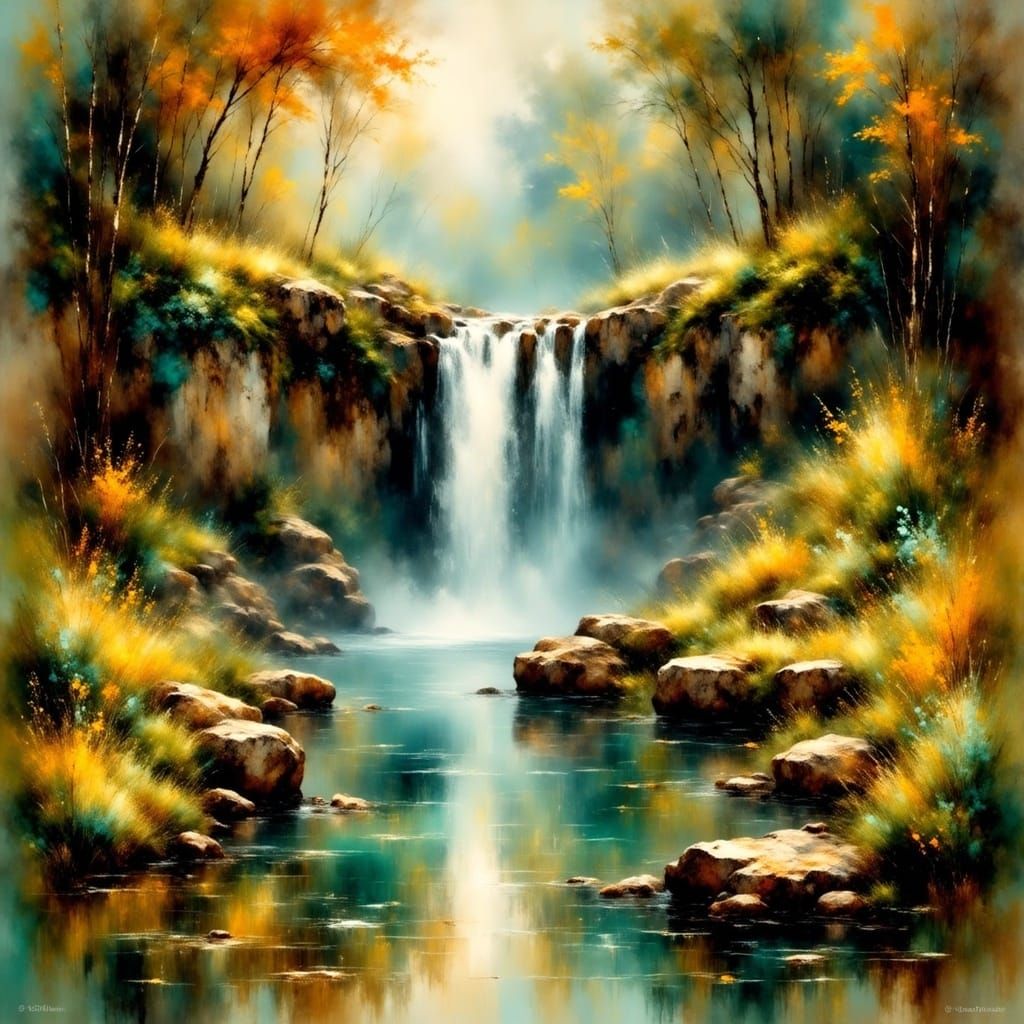 Dreamy Waterfall in Impressionistic Style
