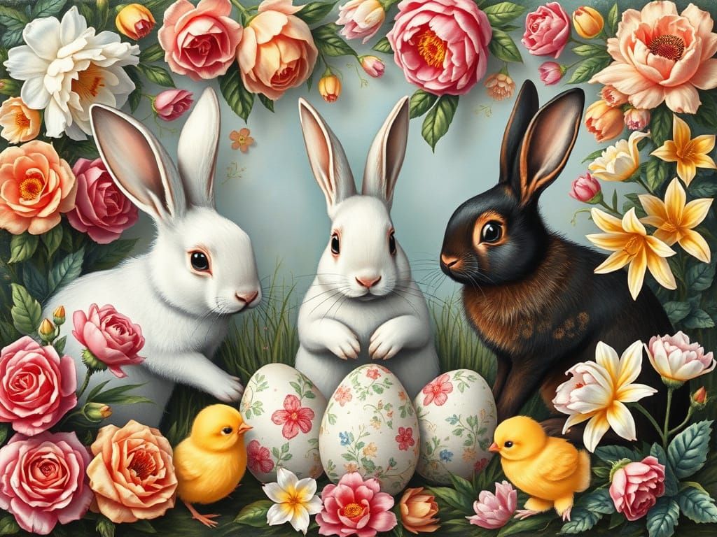 Whimsical Bunnies and Chicks in Renaissance Style
