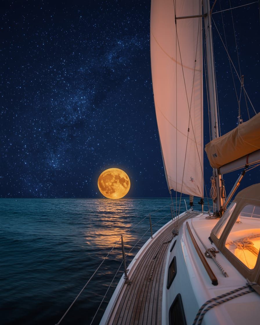 Sailboat Under Starry Sky with Orange Moon