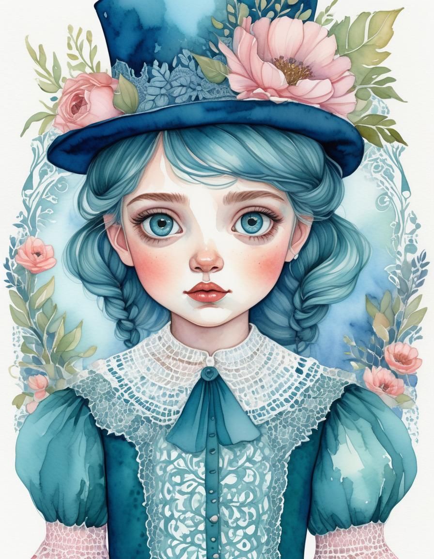Dreamy Watercolor Portrait of Girl with Floral Top Hat
