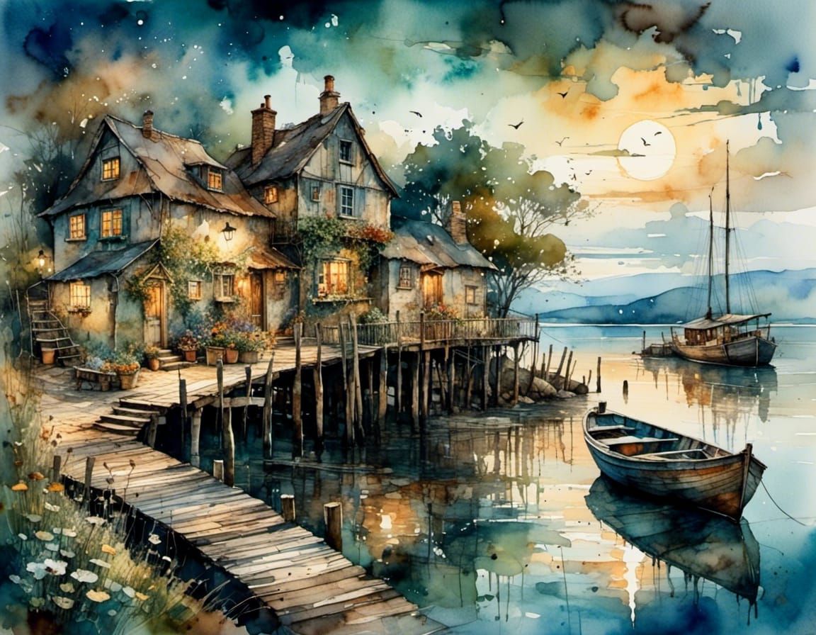 Seaside Village Street at Night in Watercolor