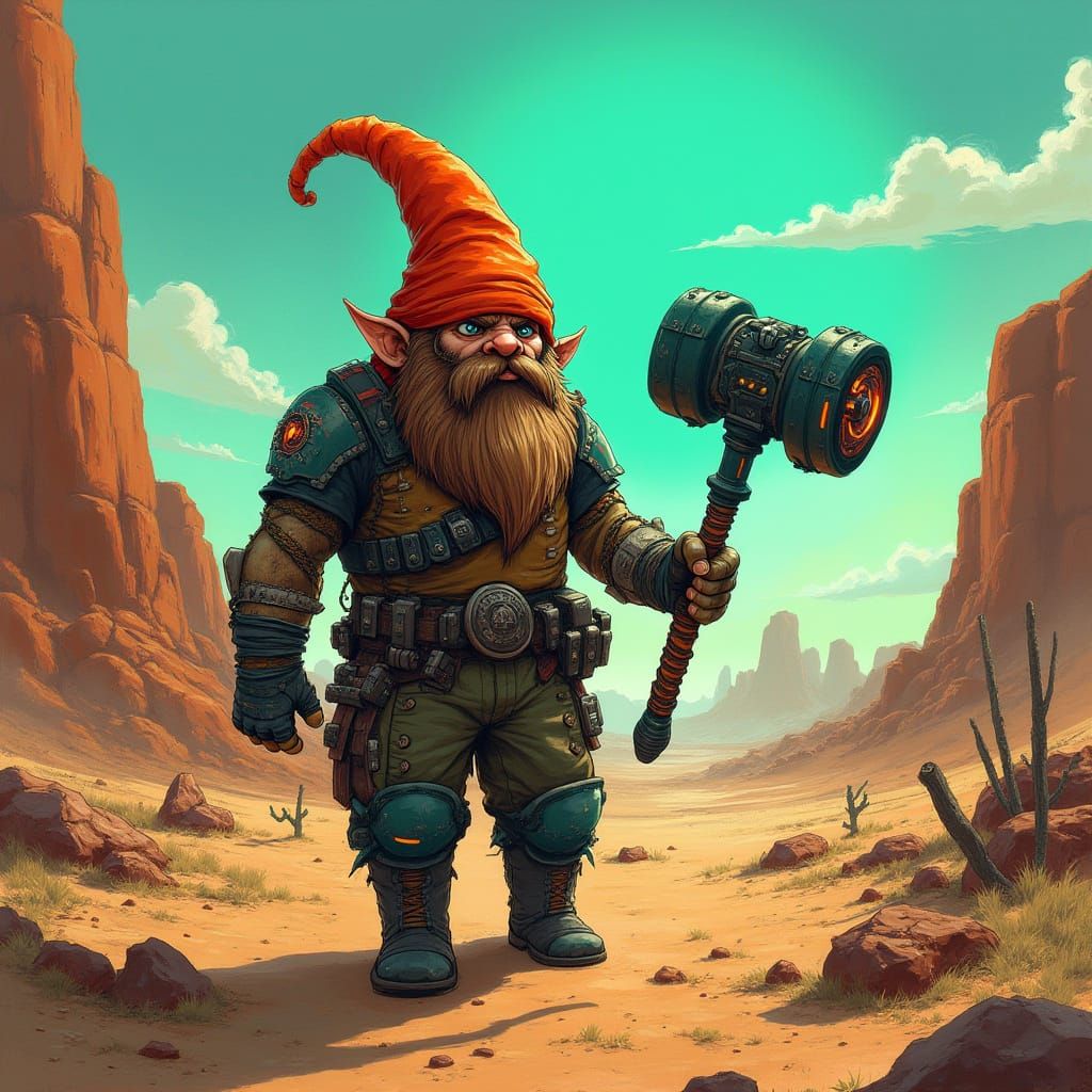 Gothic Gnome Survivor in a Desert Wasteland