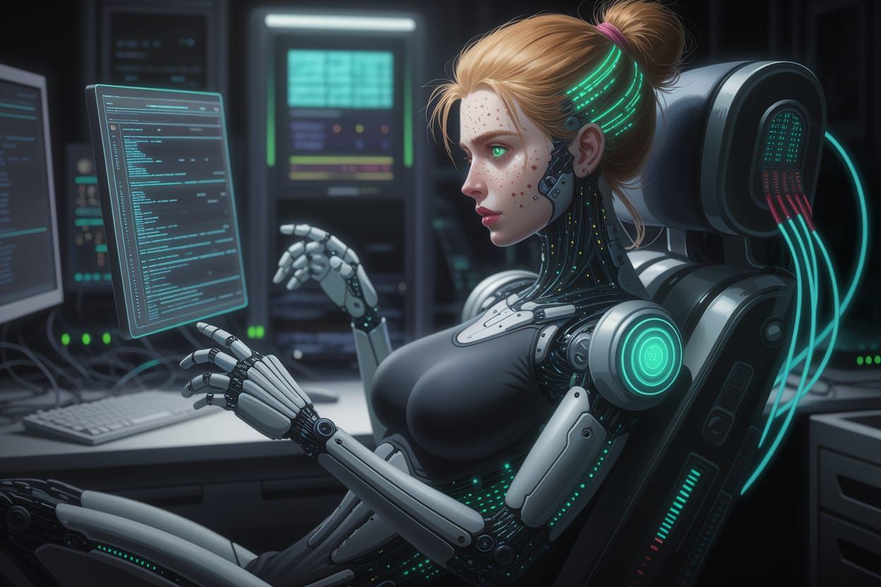 Focused Netrunner in Neon-Lit Cyberpunk Data Den