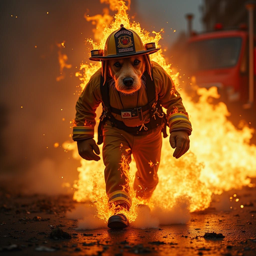 Cyberpunk Firefighter Rises from Radiant Flames in Urban Dar...