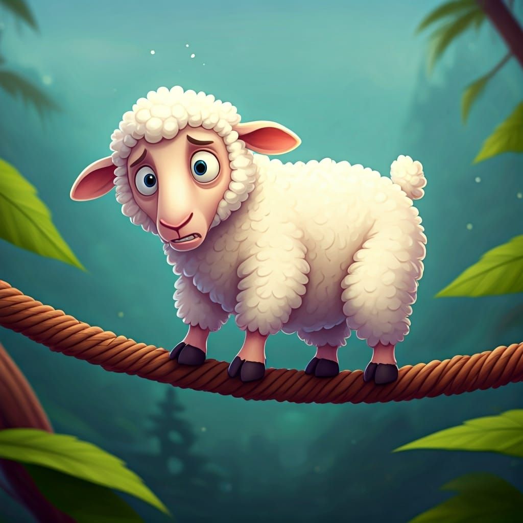 Cartoon Lamb Trembling on Rope Bridge