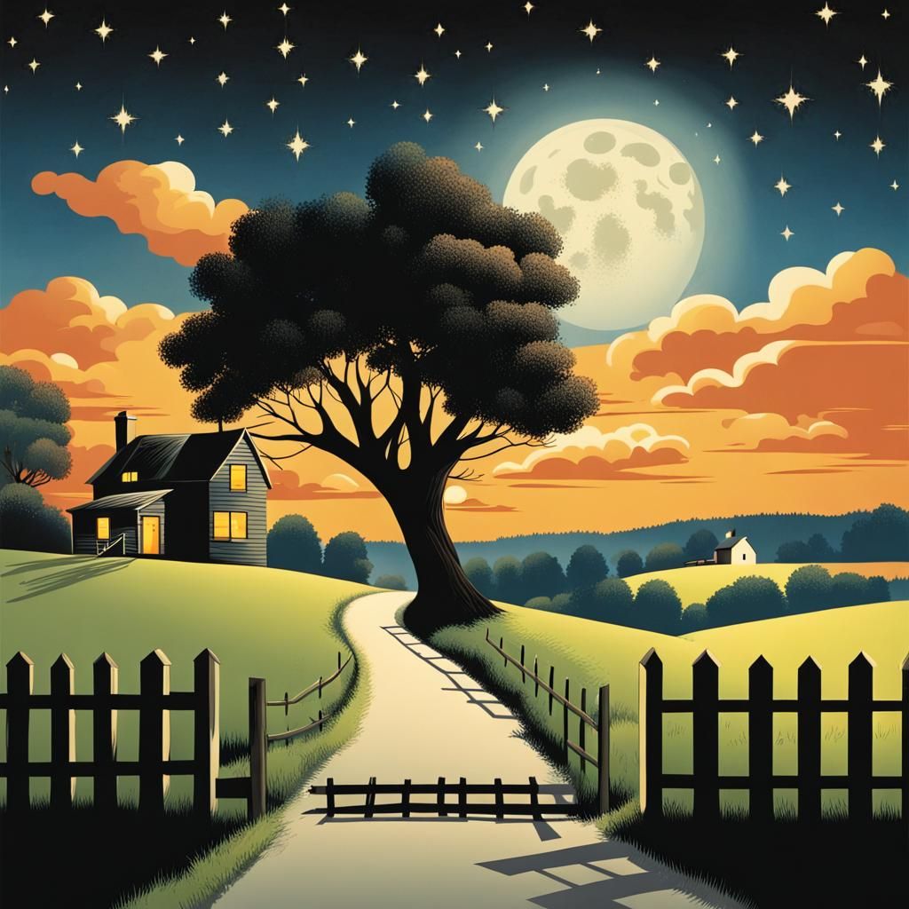 Vivid Retro Scenery Illustration with House and Night Sky