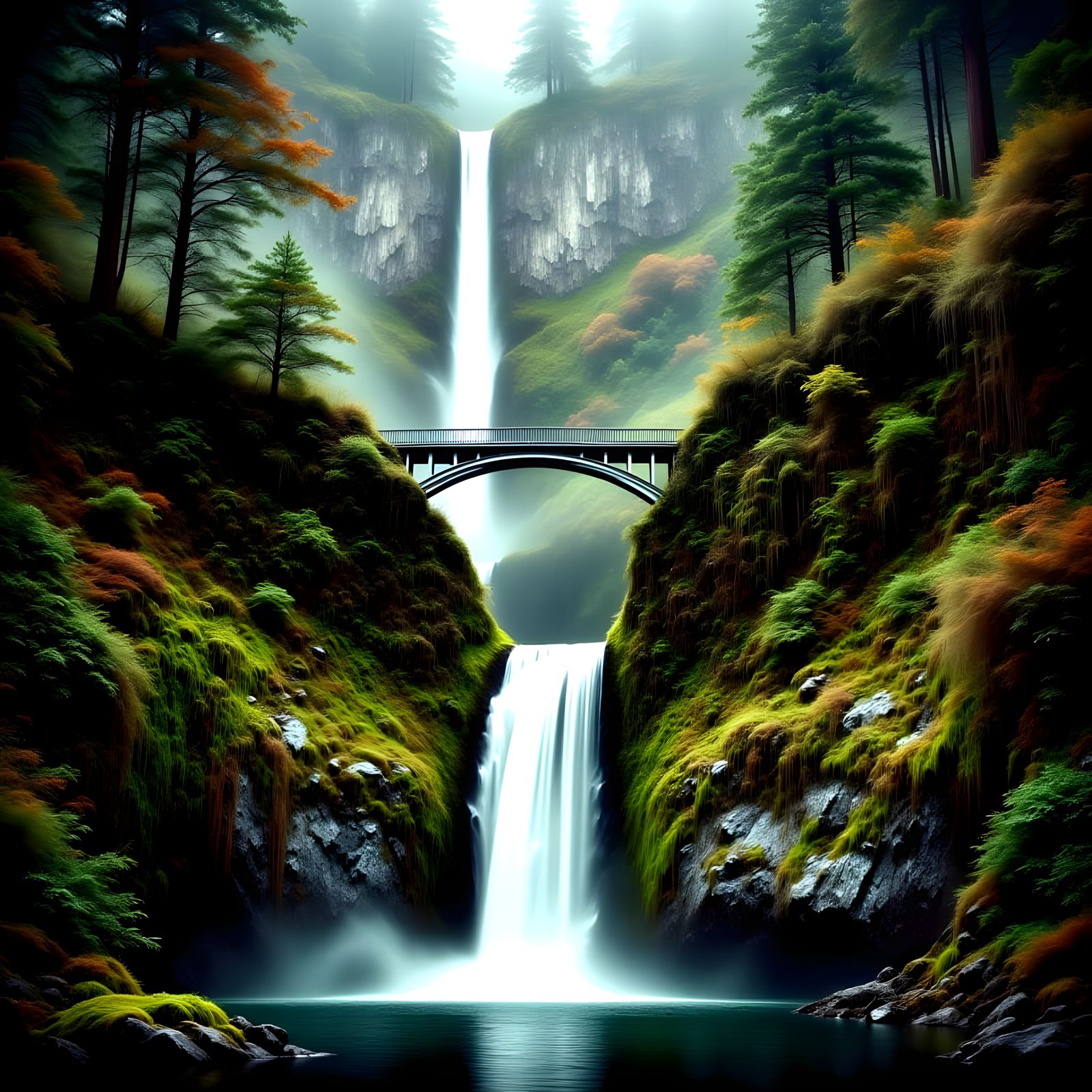 Dreamy Watercolor Landscape of Multnomah Falls