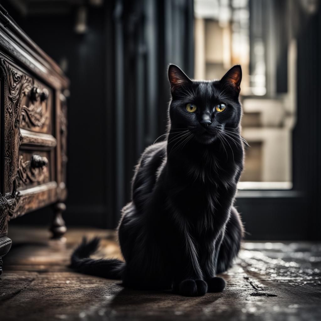 Hyperrealistic Black Cat Portrait in Cinematic Style