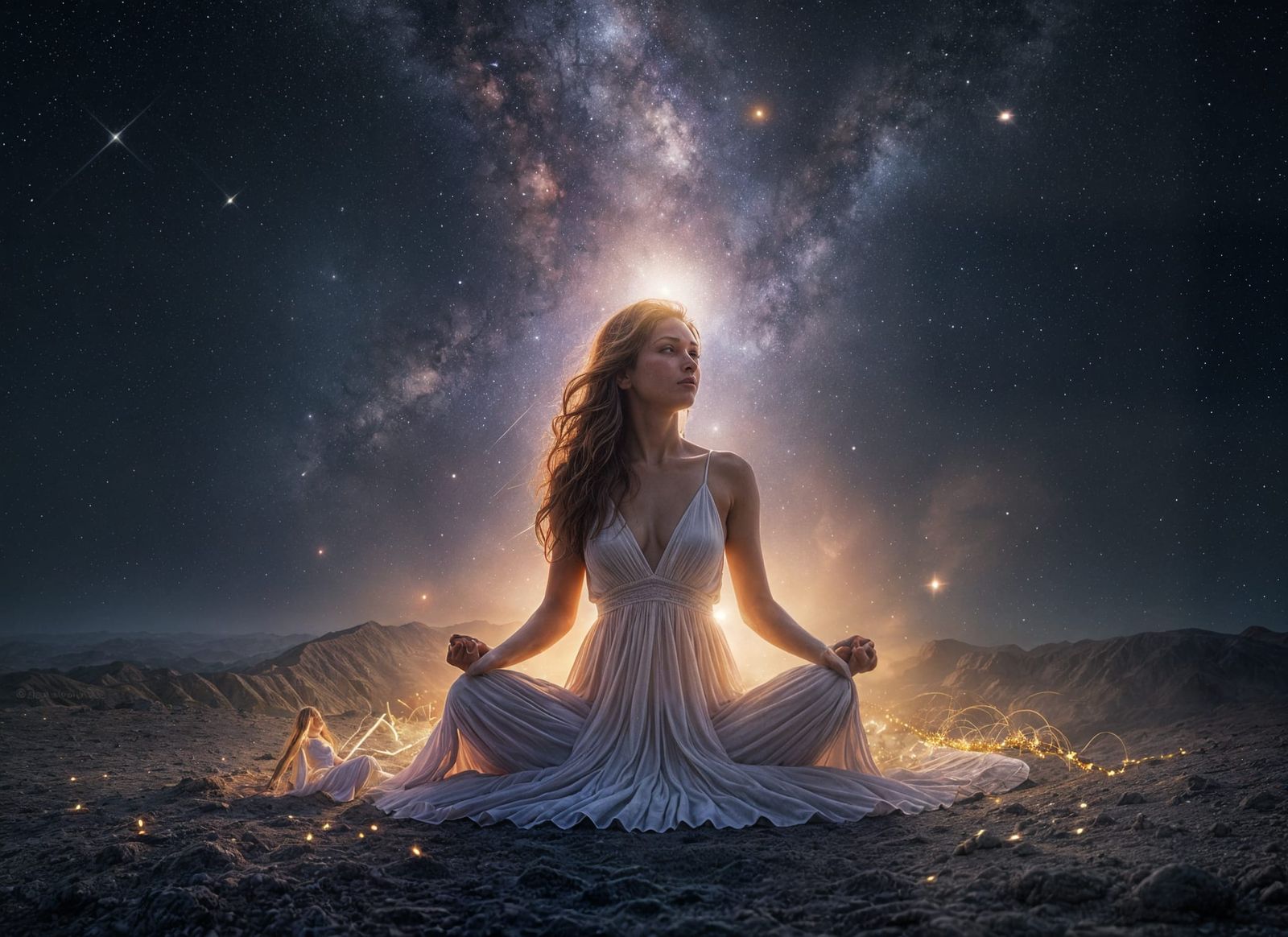 Meditative Woman Radiating Light Across the Cosmos