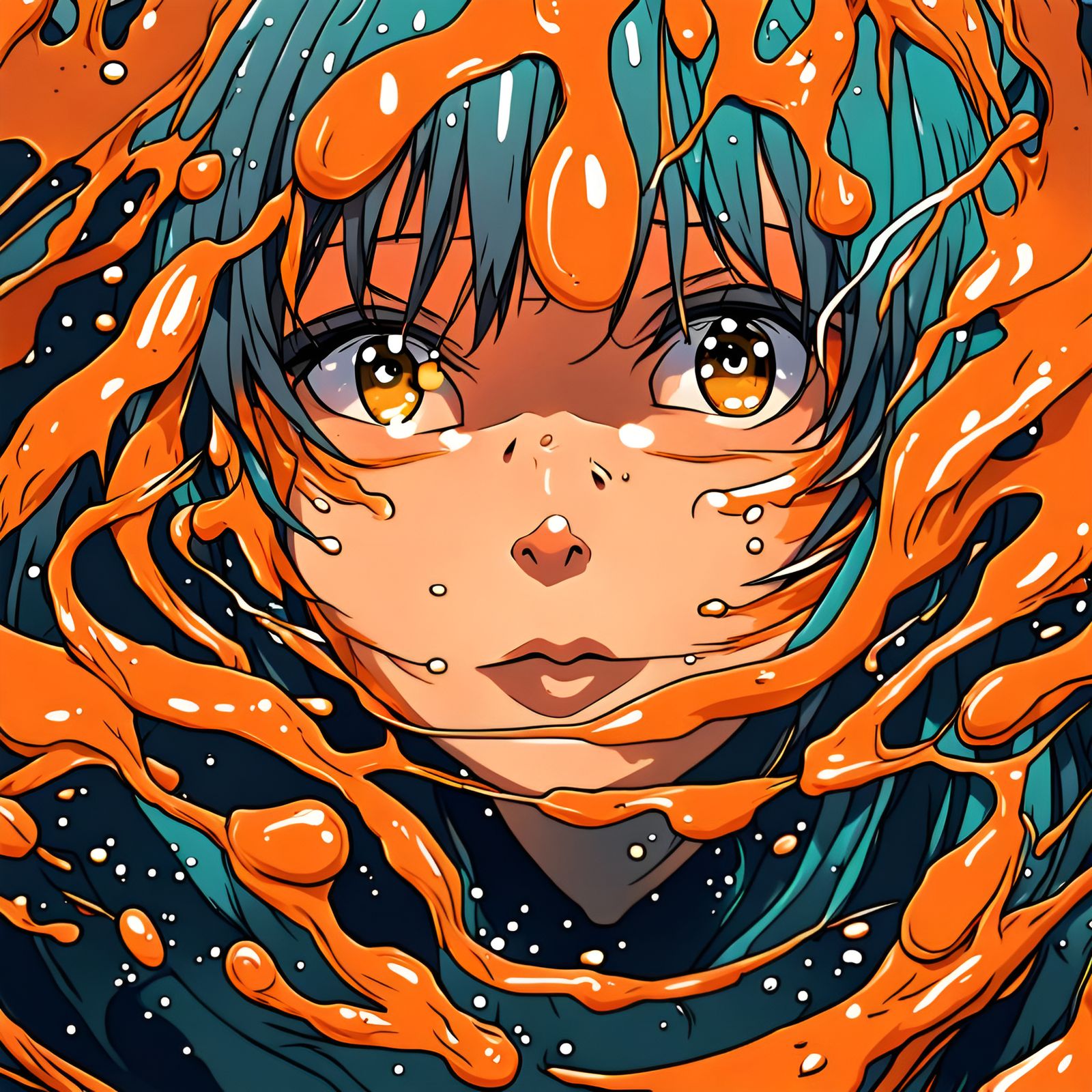 Anime Style Face Emerges from Orange Liquid