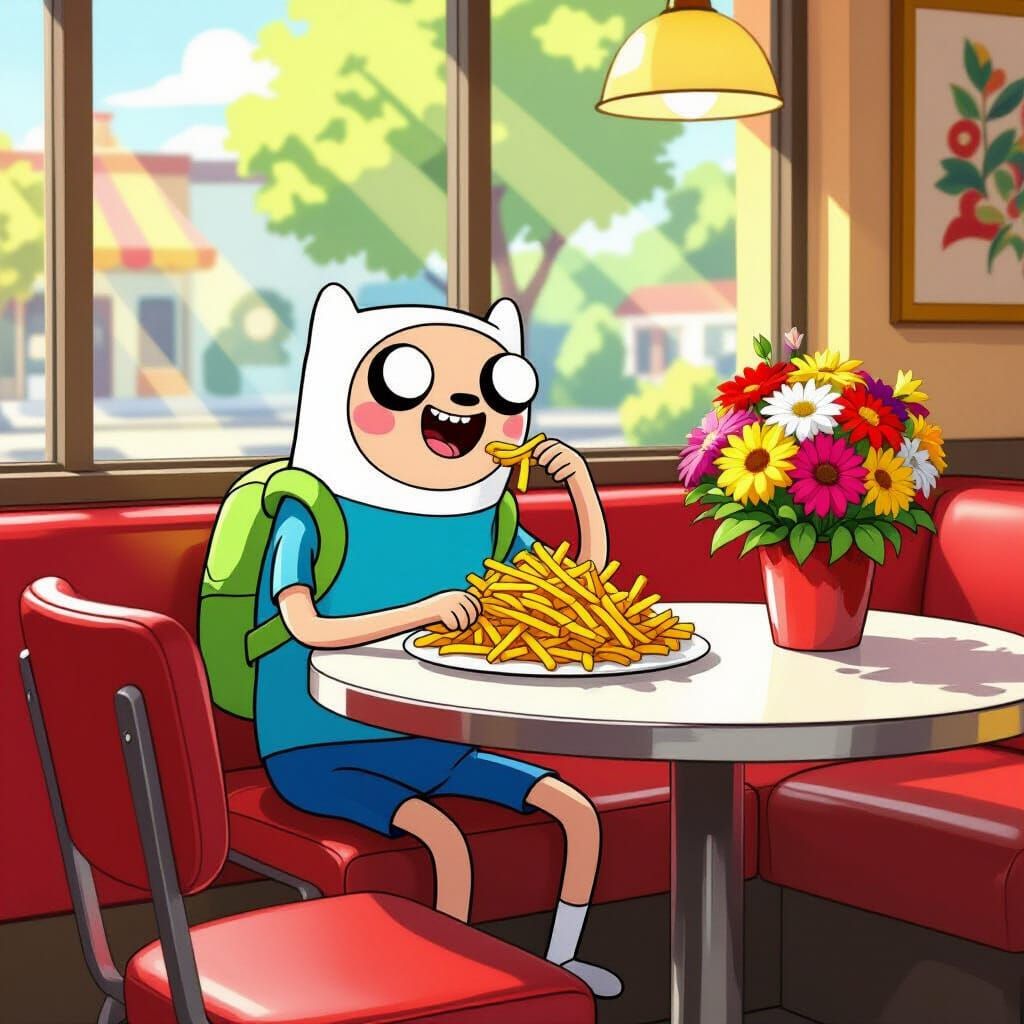 Finn the Human Enjoys Fries in Morning Cafe Light
