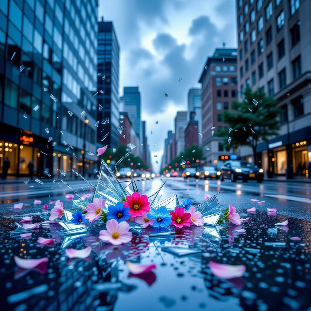 Exploding Glass Streetscape with Flowers and Thunderstorm