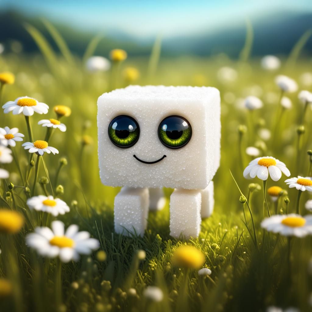 Cute Sugar Cube Creature Insanely Detailed Sugar Cube Anthropomorphic Sugar Cube Creature Smiling Big Eyes Sunny Field S...