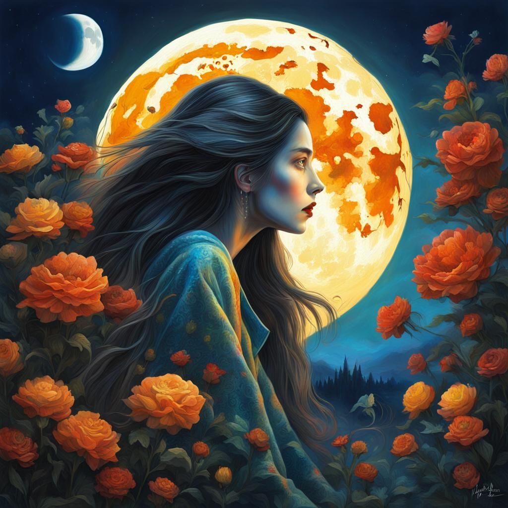 Stunning Woman in Colorful Moonlight, Hyperrealistic Image