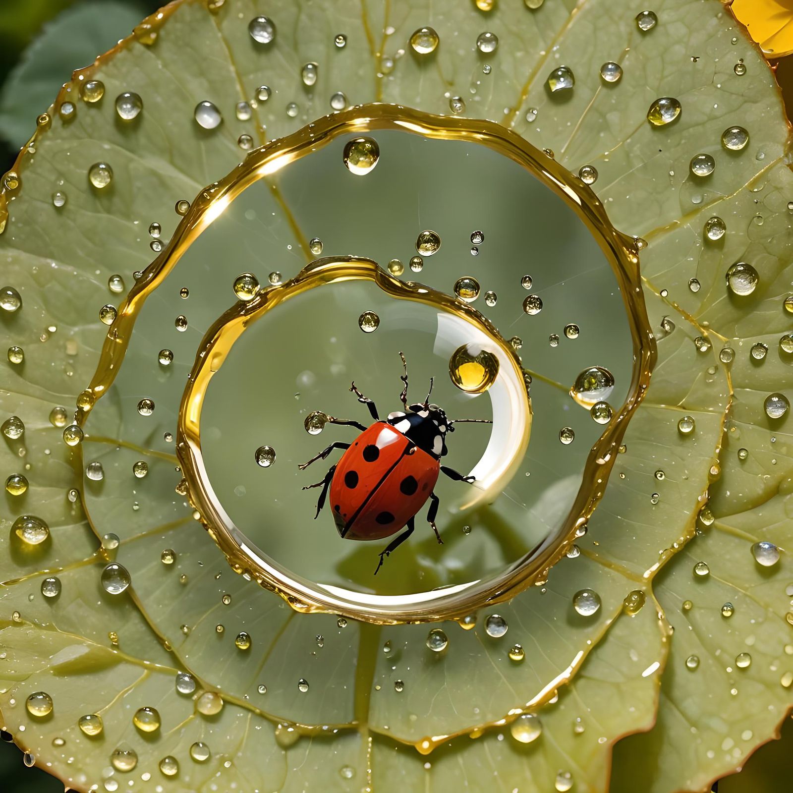 Ladybug Hydration: Dewdrops on Rose Petal