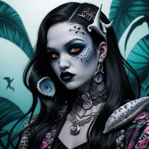 Hawaiian Vampress in Goth Coffee Shop: Black and White Photo...