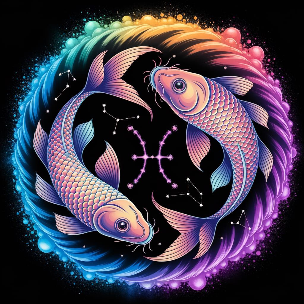 Celestial Koi in Nebula: Opalescent Fish Form Pisces Symbol