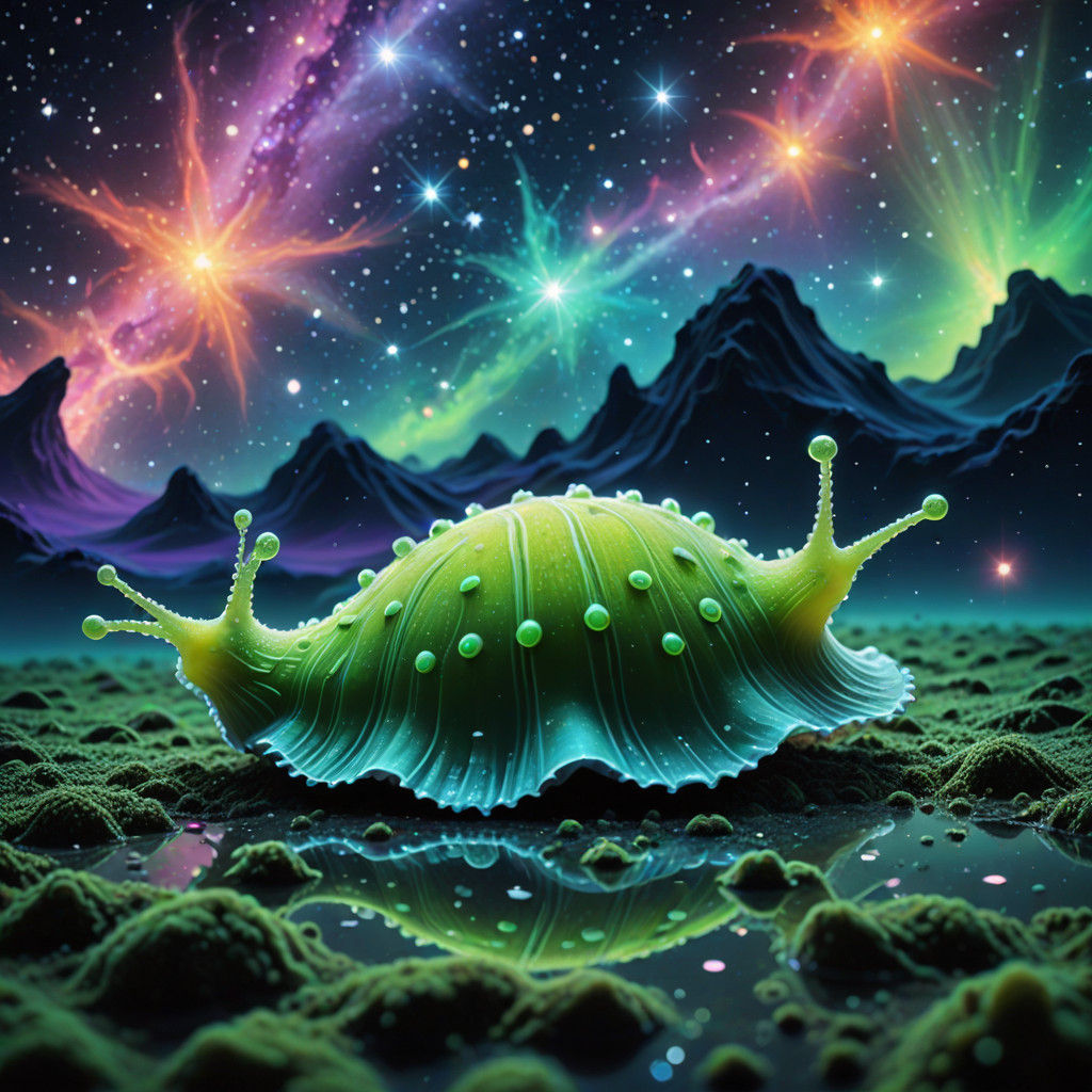 Surreal Cosmic Scene: Glowing Sea Slugs in Ethereal Space