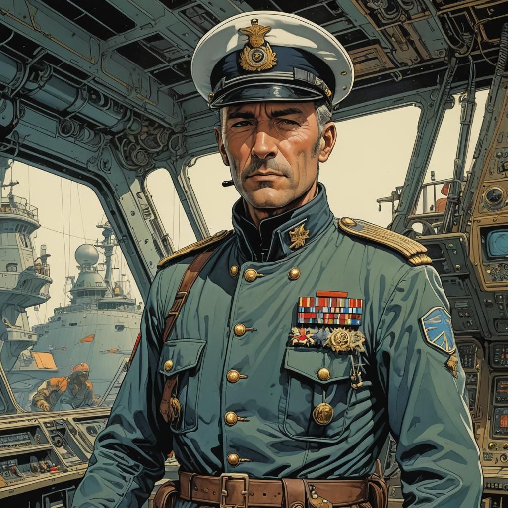 Ship Commander in Uniform, Moebius Style Illustration