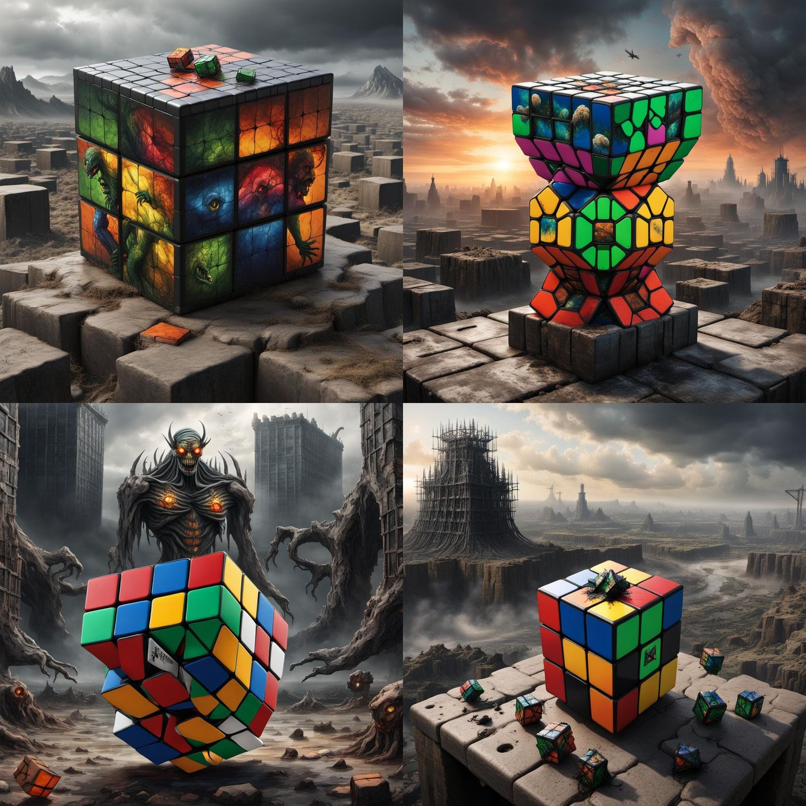 Surreal Post-Apocalyptic Rubik's Cube with Tormented Creatur...
