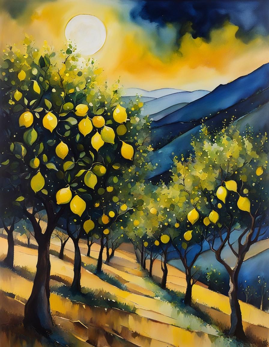 Moonlit Lemon Trees on Spanish Hillside
