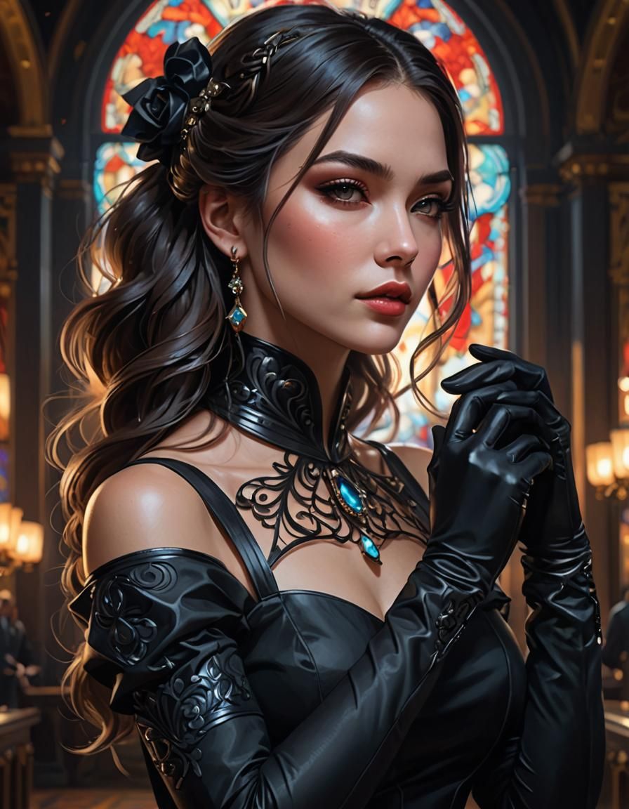 Girl in Black Dress, Art Nouveau Portrait