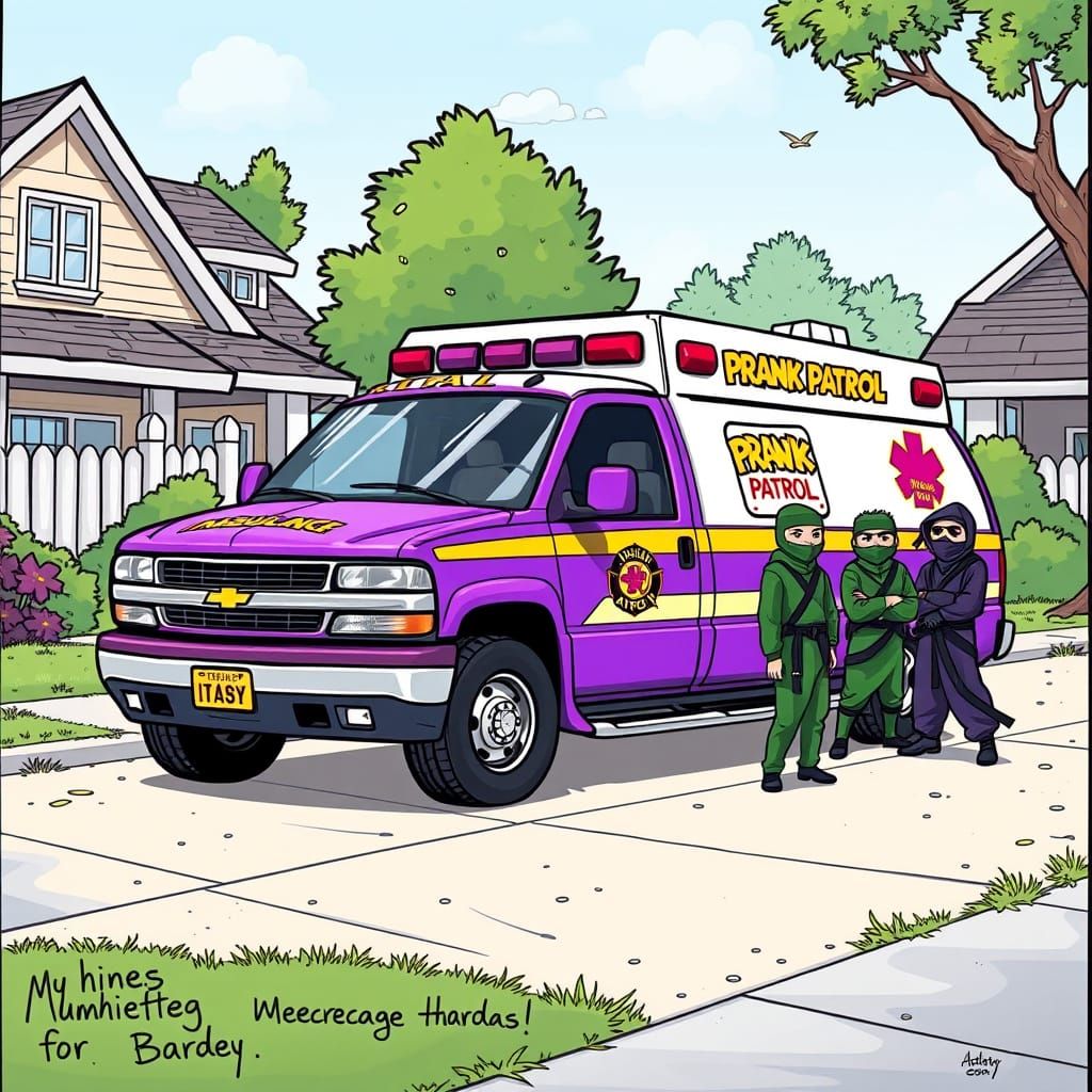 Dynamic Ambulance Prank Patrol Scene in Comedic Illustration...