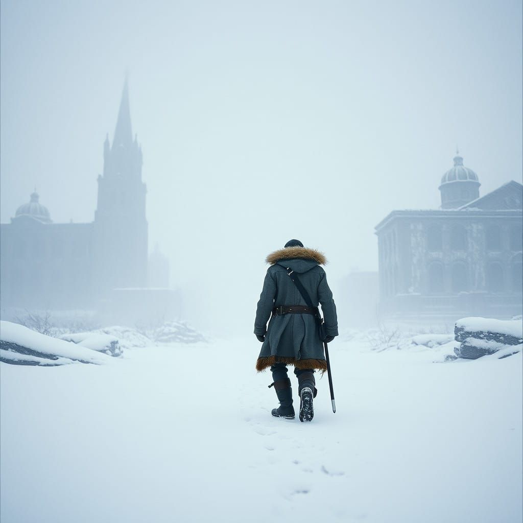 Frozen Wasteland Wanderer in Post-Apocalyptic Landscape