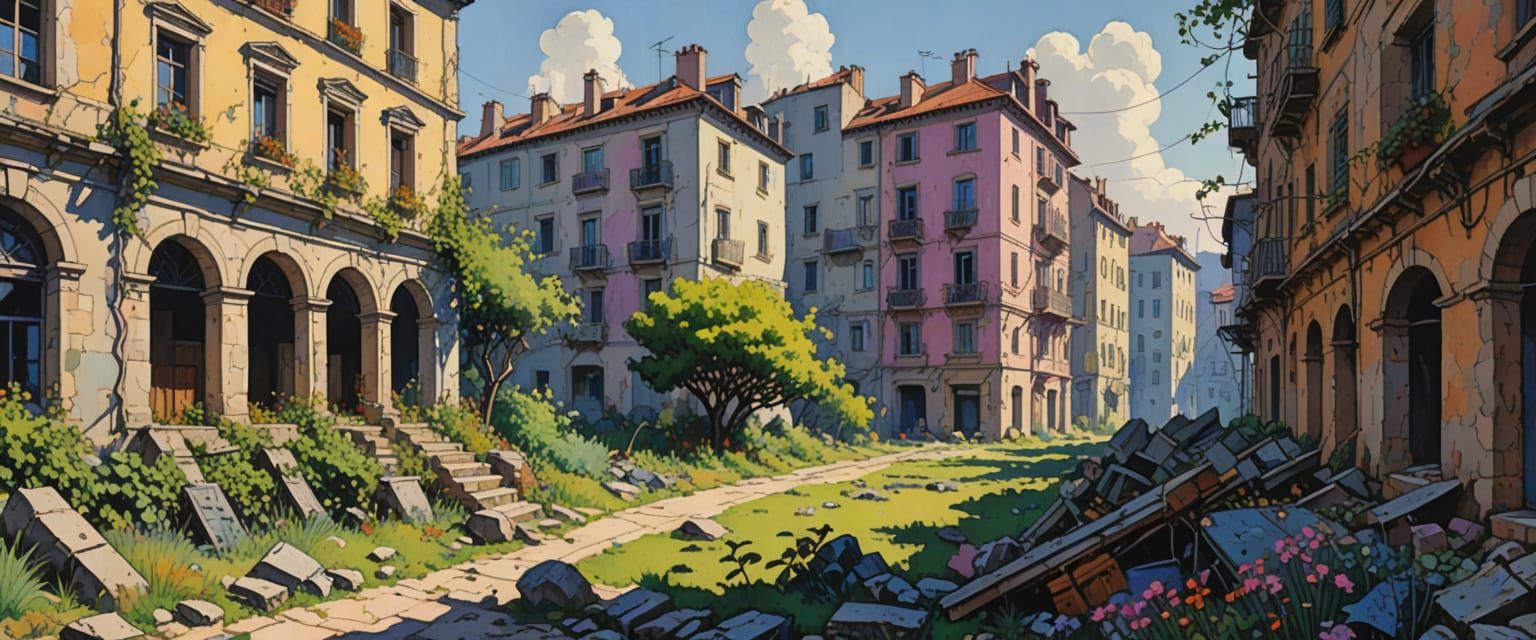 Impressionist Watercolor City Ruins with Deer