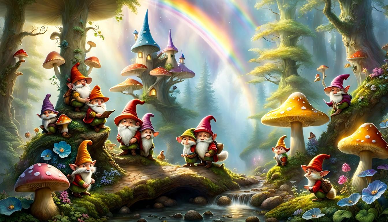 Ethereal Dwarfs in Whimsical Mushroom Forest