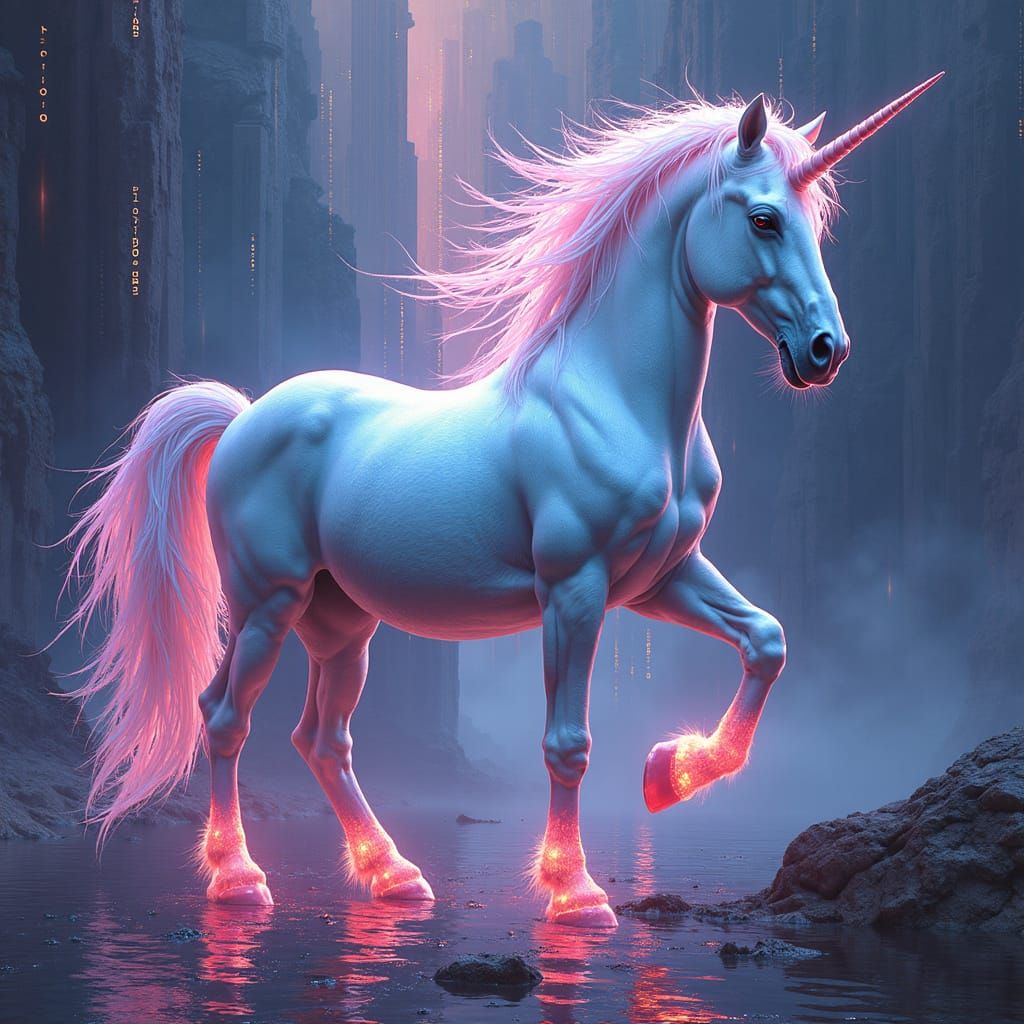 Unicorn Dissolving into Code: A Glitchcore Dreamscape