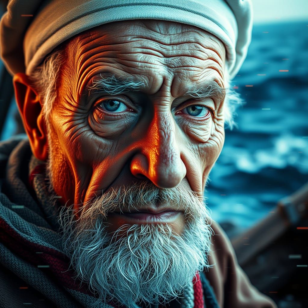 Glitched Portrait of an Old Sailor in Hyperrealism