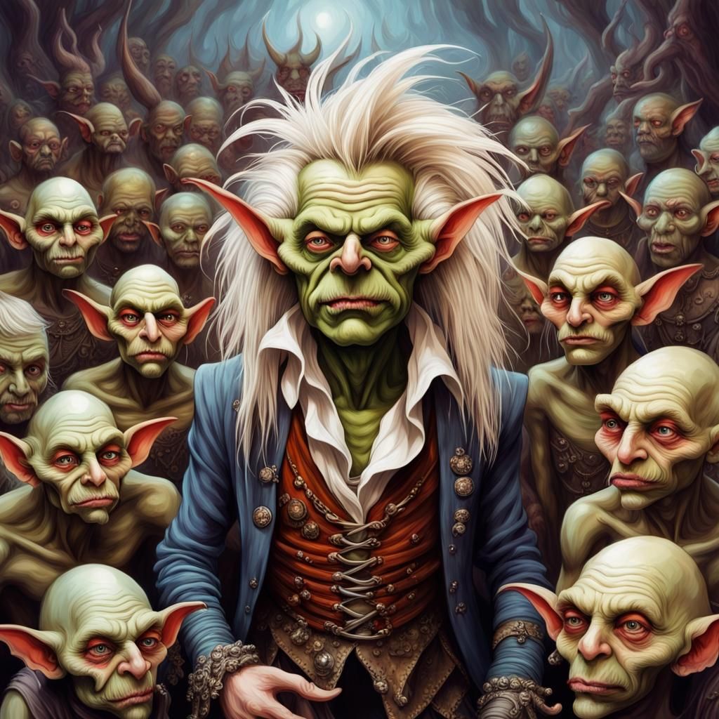 Goblin King Leading Villagers in High Fantasy Style