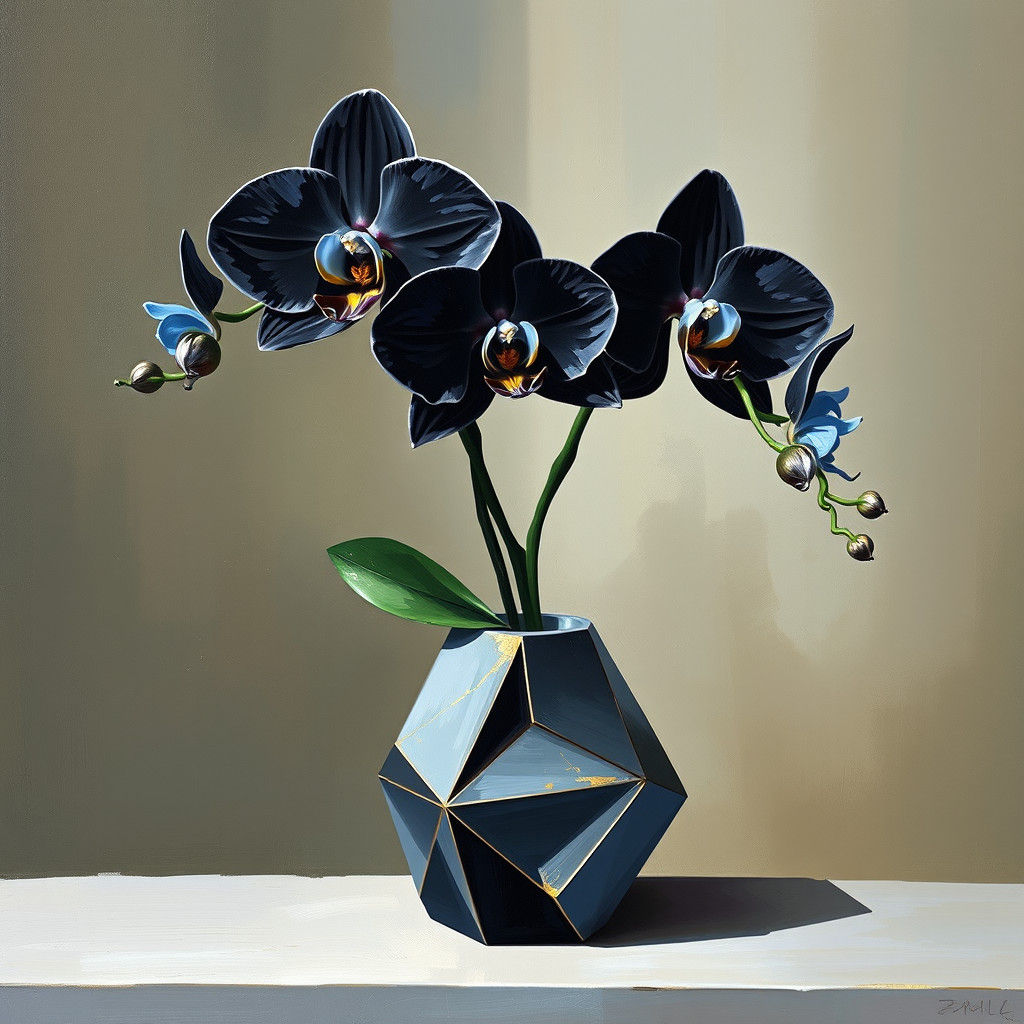 Orchids in Goldenpunk Style: A Still Life Oil Painting