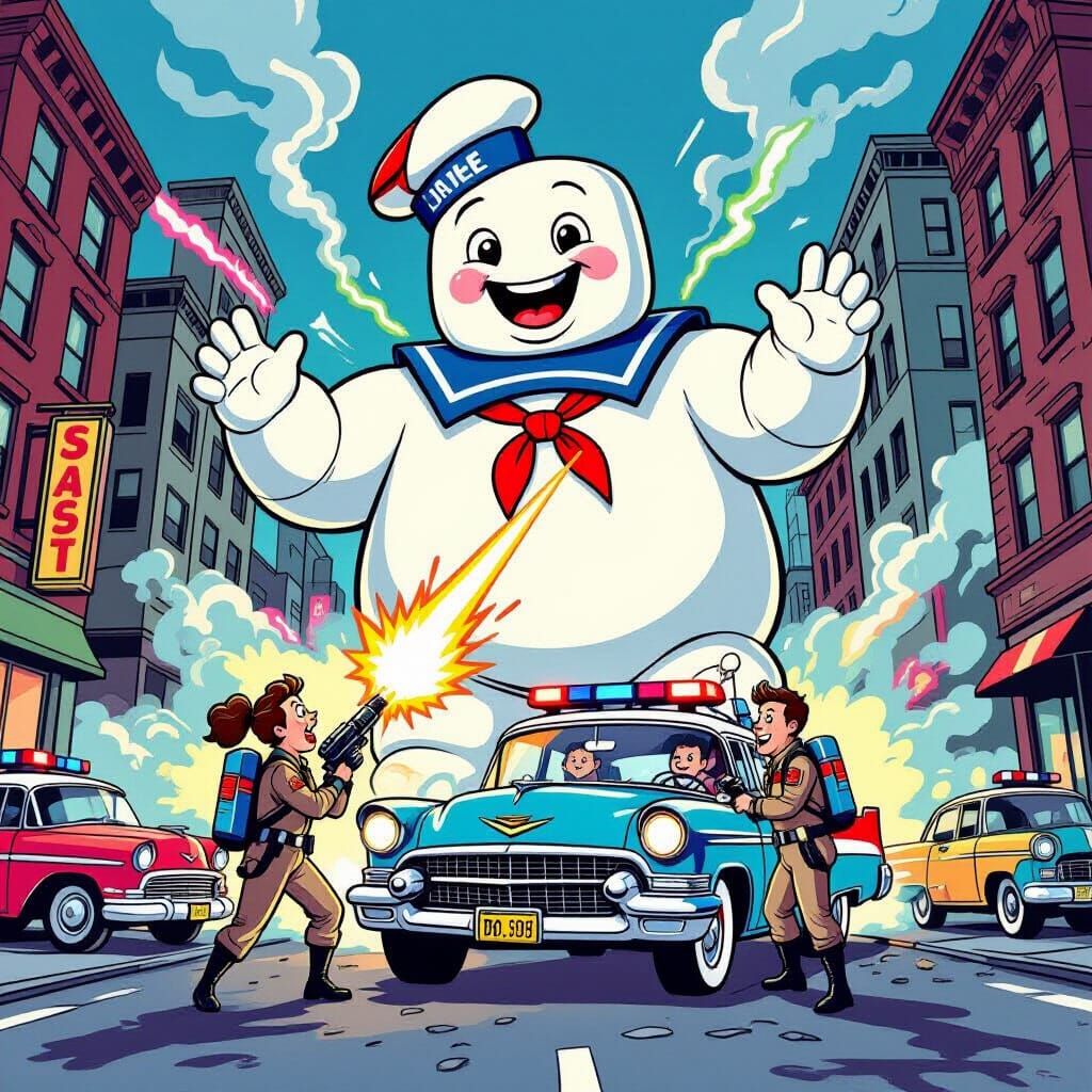 Ghostbusters Cartoon Caricature vs Stay-Puft Marshmallow Man