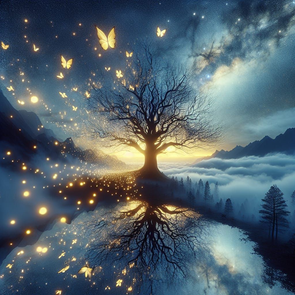 Ethereal Tree on Mountaintop in 3D Conceptual Art