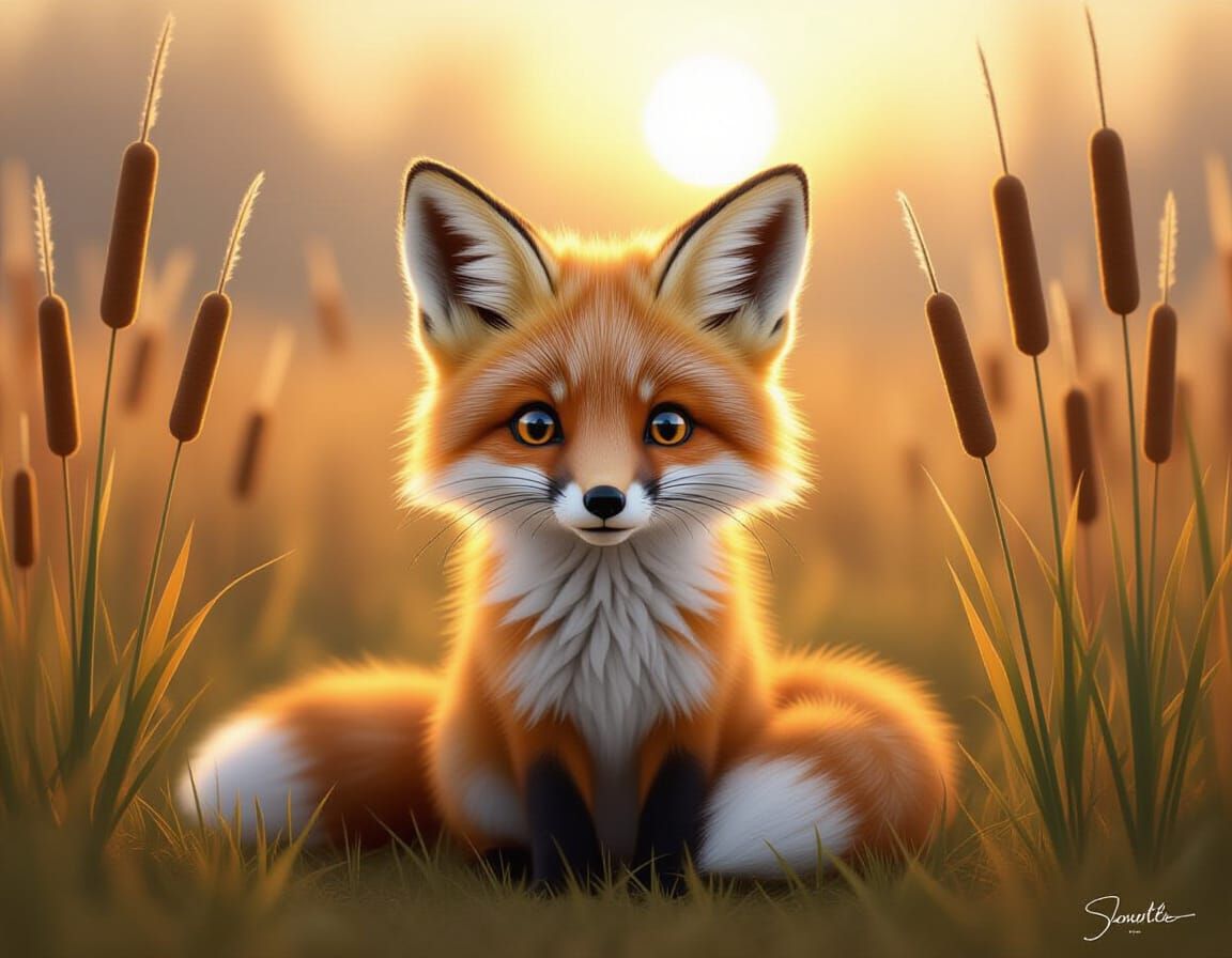 Cute Baby Fox in Magical Forest, Digital Painting