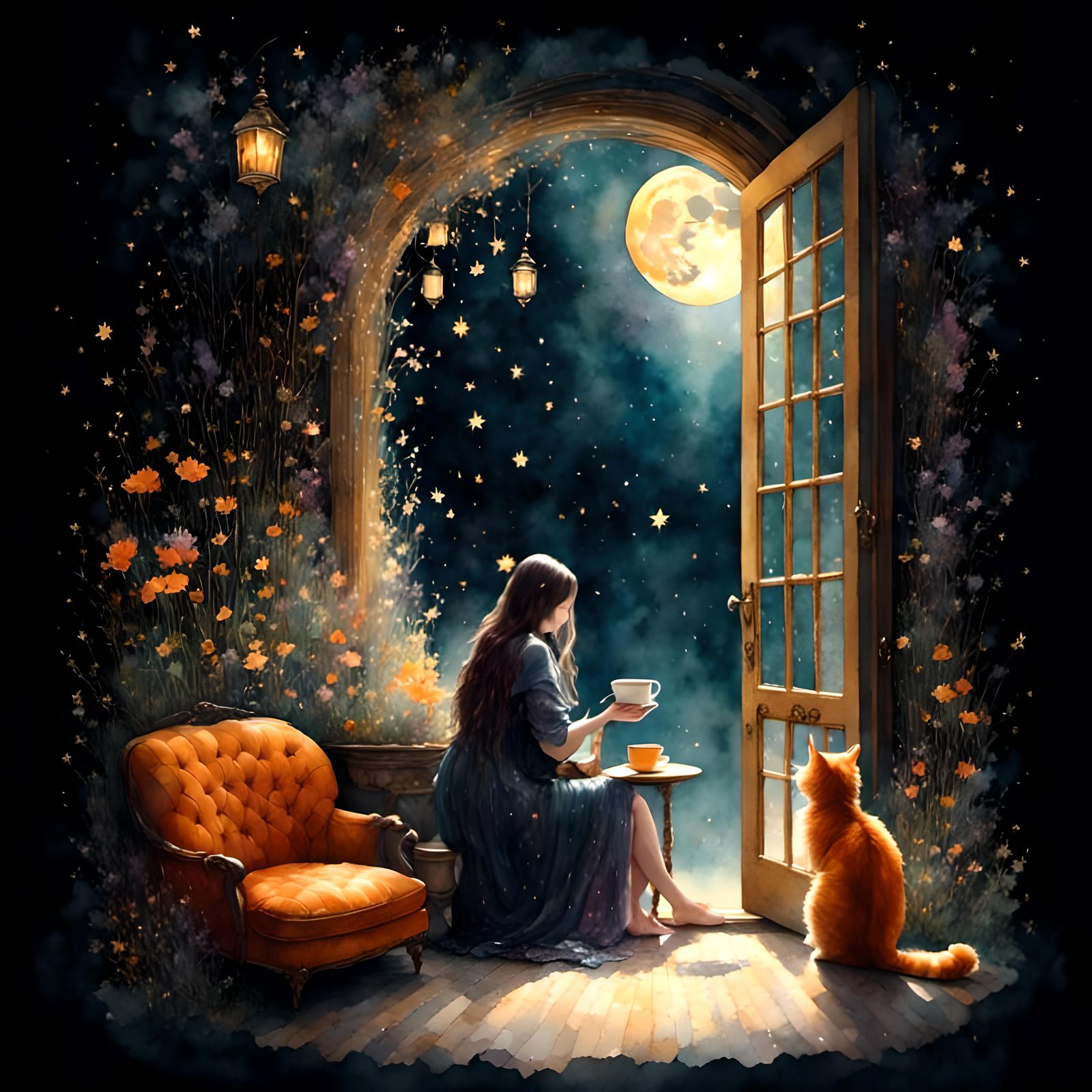 Woman and Giant Cat in Dark Antique Watercolor