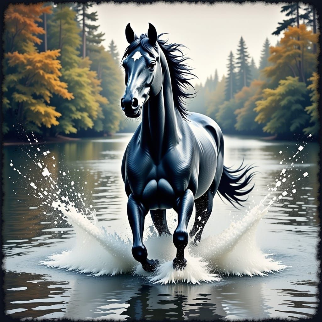 Galloping Horse in River as Impressionist Chalk Painting