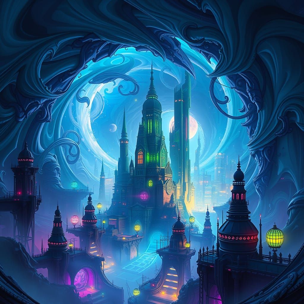 Surreal Futuristic Metropolis in Swirling Vortex of Deep Blu...