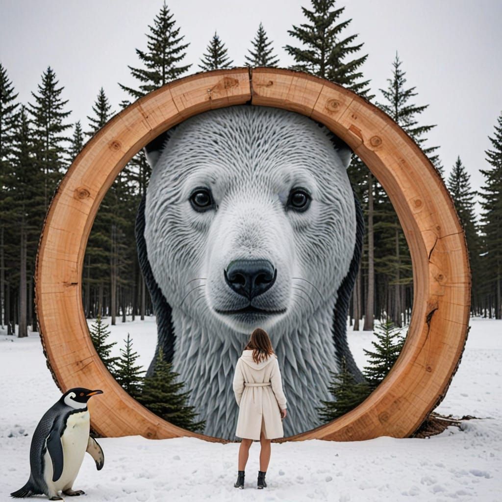 Surreal Winter Wonderland with Penguins and Polar Bears