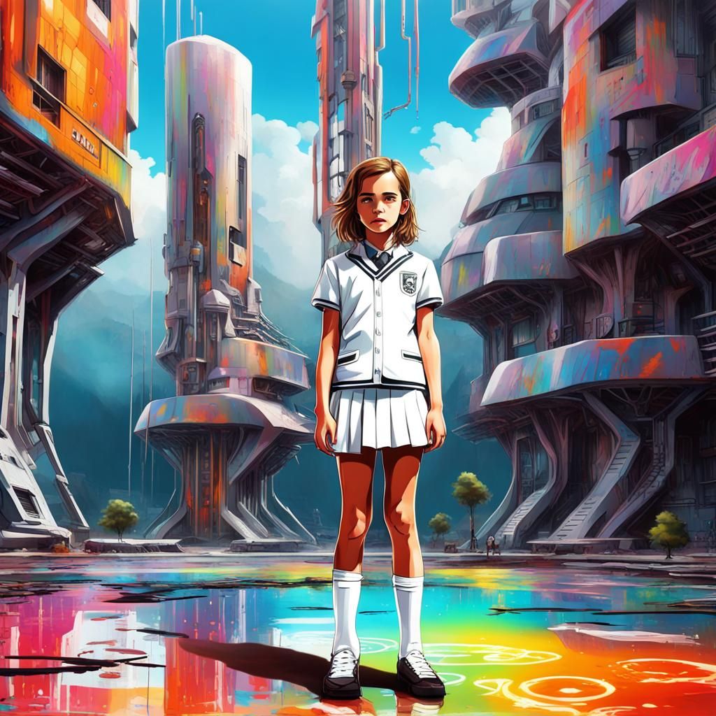 Futuristic School Scene with Girl in Cyberpunk Style