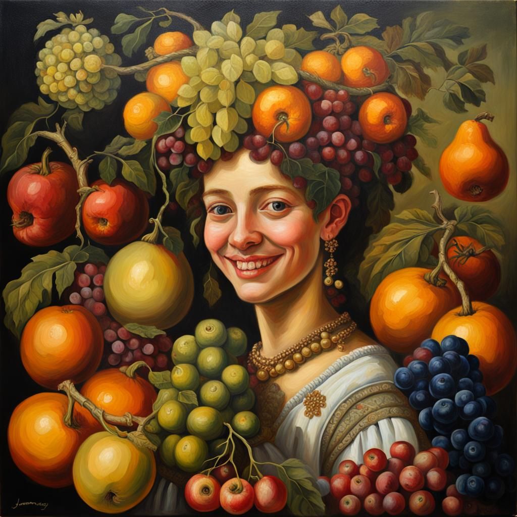 Fruit and Vegetable Woman Portrait in 17th Century Oil Paint...