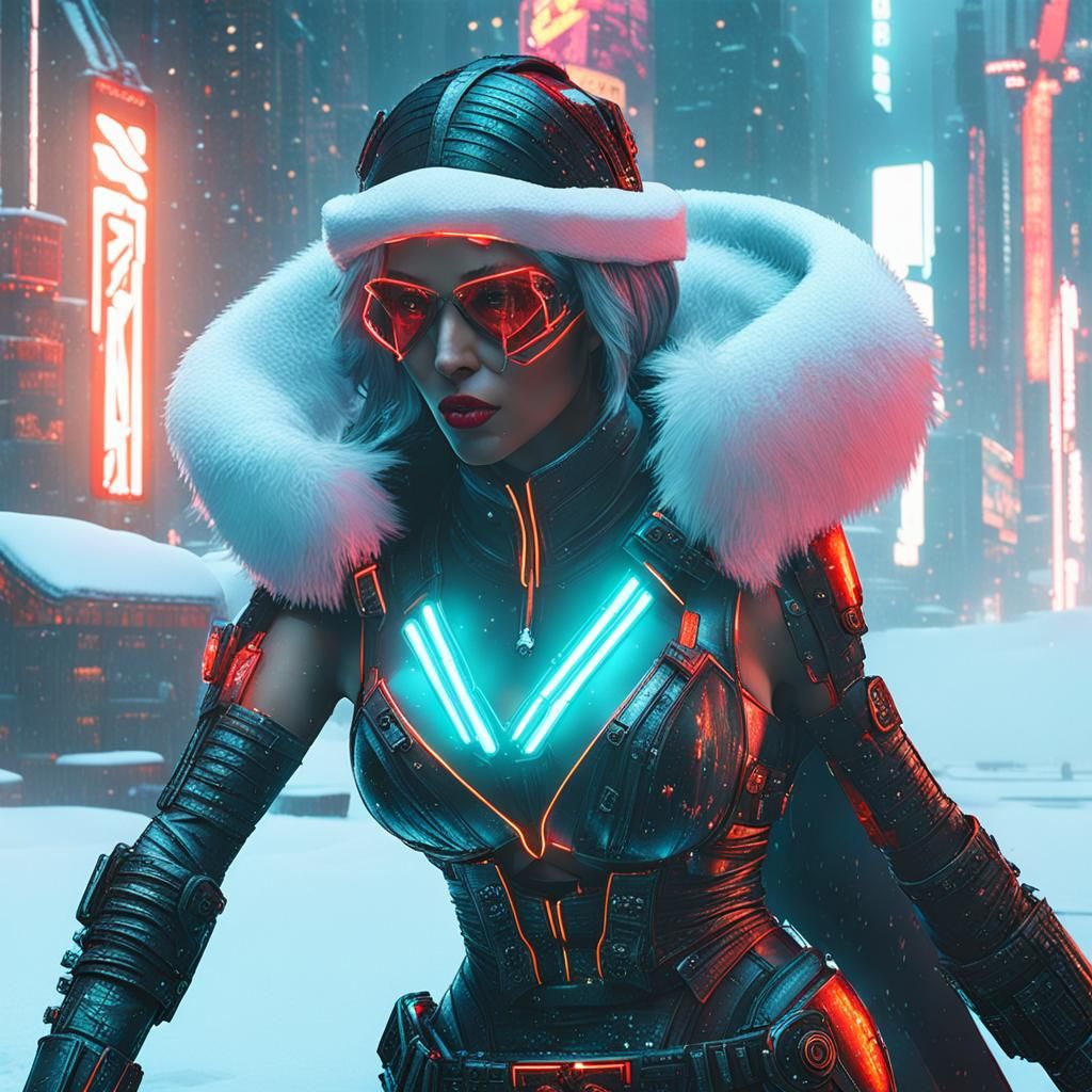 Cyberpunk Mrs. Claus in Neon Snowscape