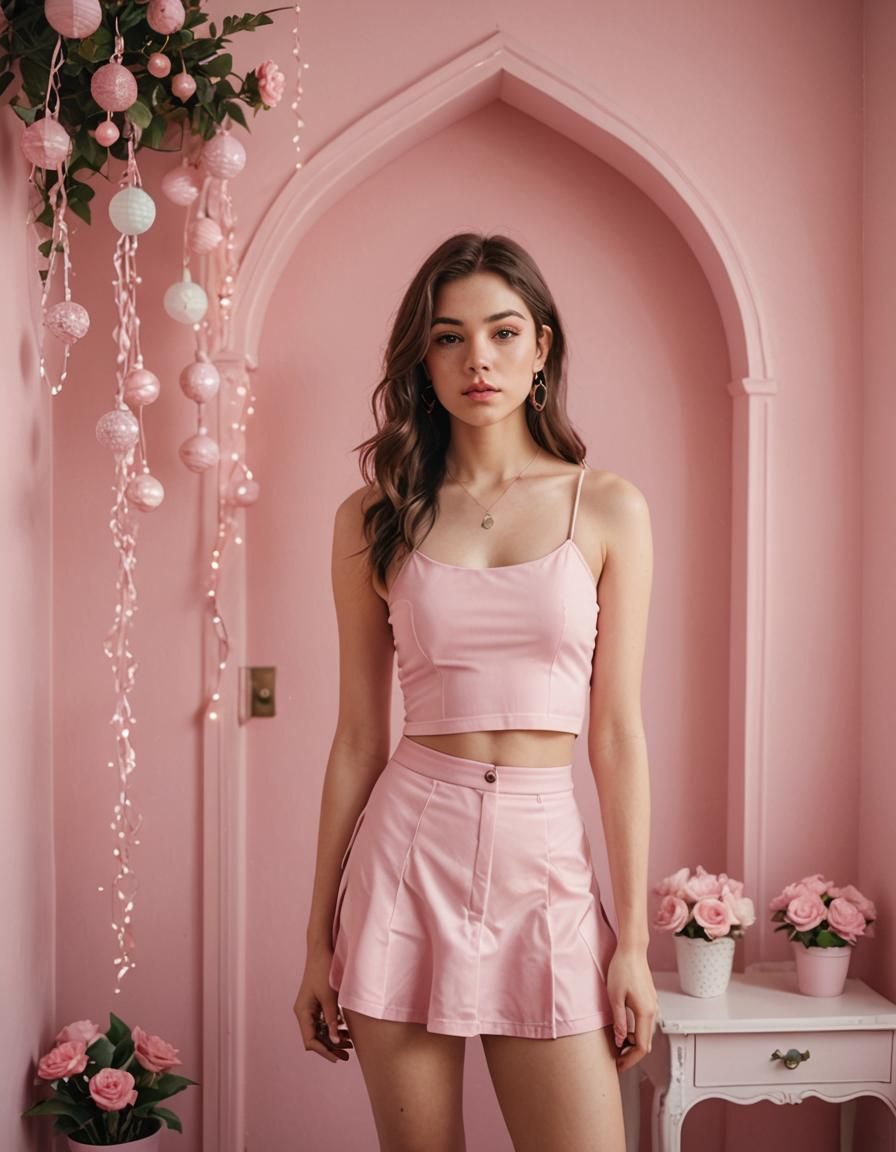 Attractive Woman in Pink Outfit and Pink House