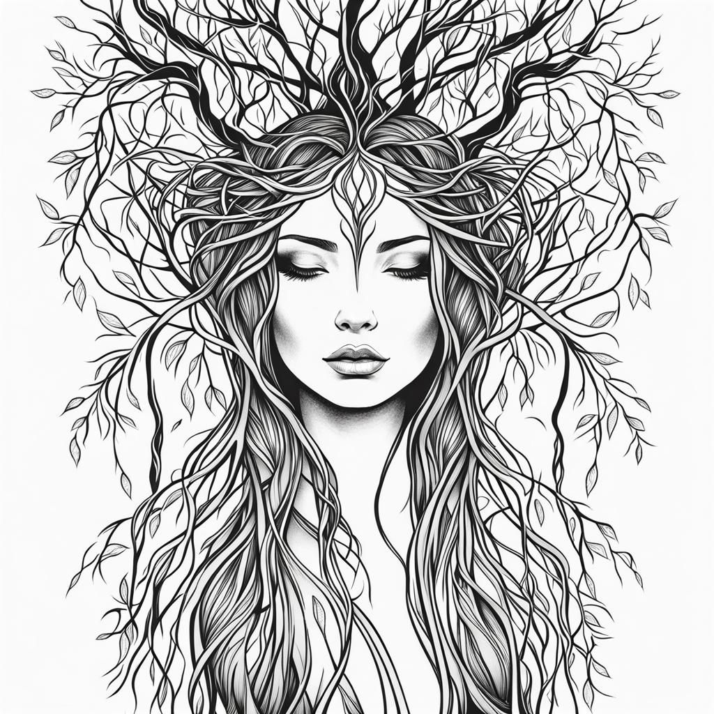 Willow Dryad Line Art Tattoo Design