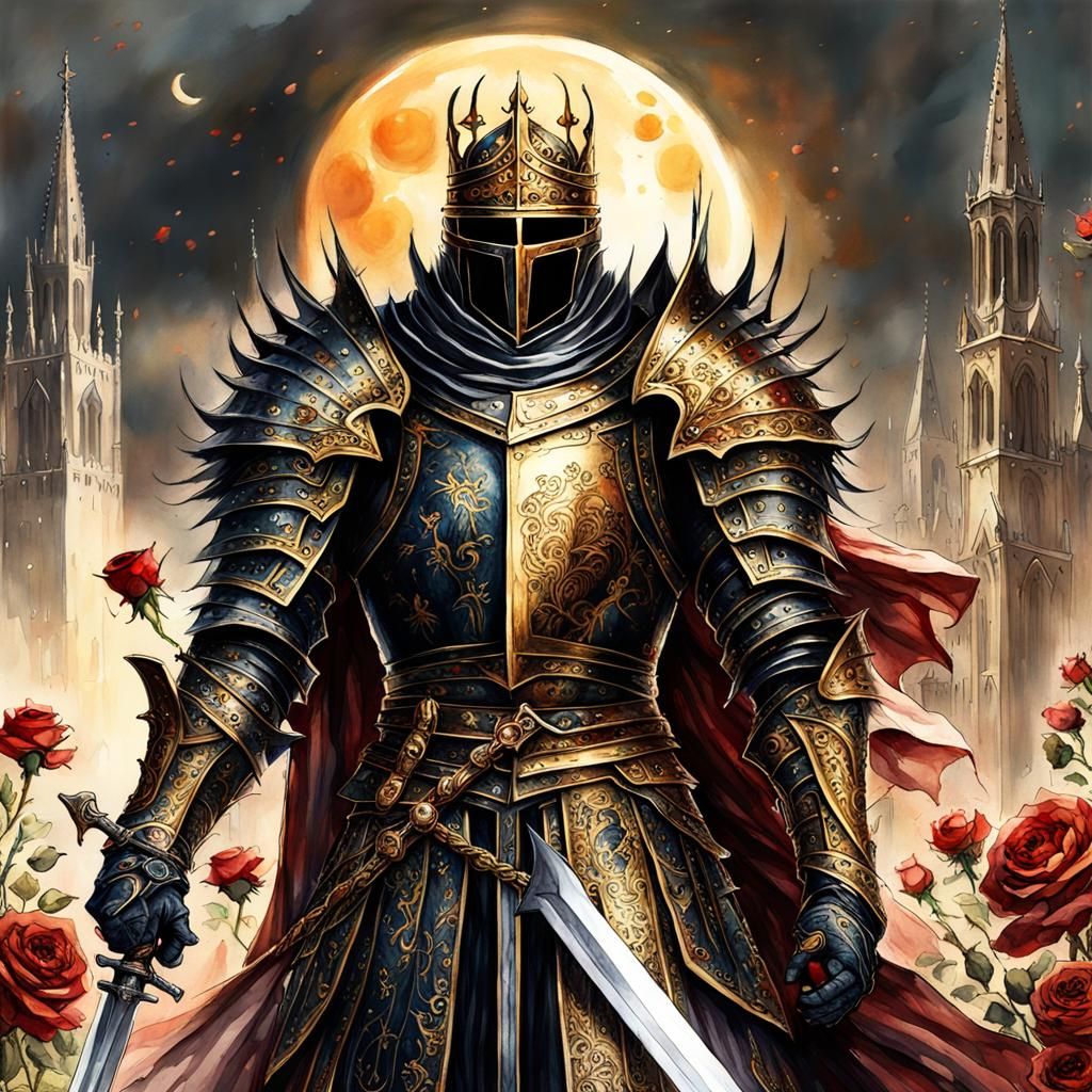 Gothic Knight in Rose Field, Dark Fantasy Watercolor