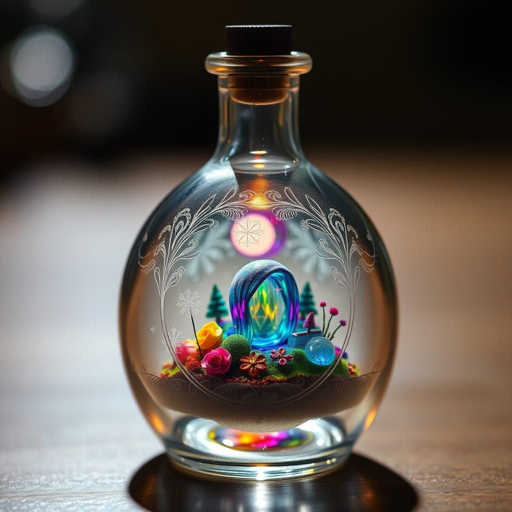 Enchanting Miniature World Inside Etched Glass Bottle