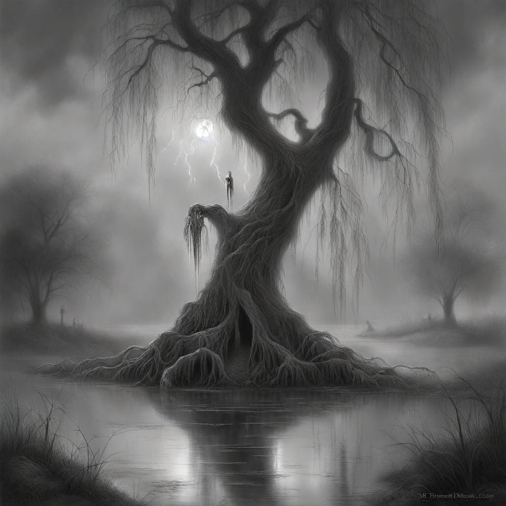 Vampire Beside Weeping Willow in Greyscale